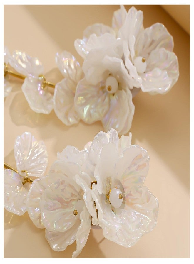 WFik 1Pair Vintage Big Flower Long Tassel Drop Earrings - Summer Boho Floral Crystal Shell Stud Earrings - White Alloy Metal - Female - Medium Size - Post Setting - Dangle Design - Wedding Occasion - Image 5